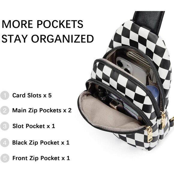 Women Checkered Black Imported PU Leather Small Crossbody Chest Sling Travel Bag - Picture 4 of 8